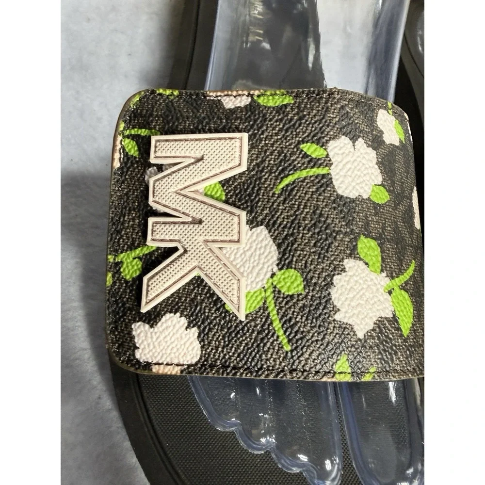 Michael Kors MK Slide Sandals Womens 10 Brown Multi Rose Floral Logo New Box